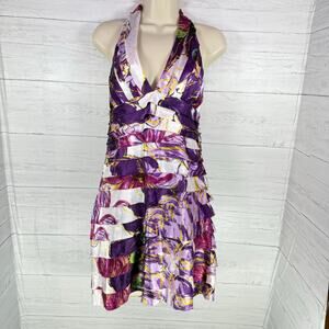 VTG Morgan size 7/8 purple floral tiered ruffle Y2K lace halter dress fairy mini